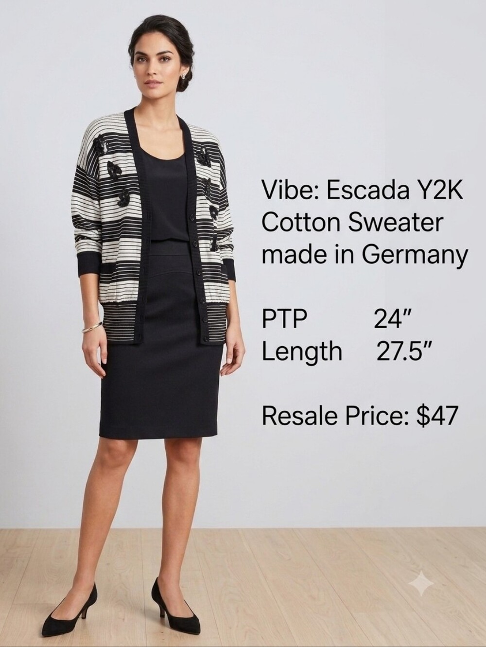 Escada Black and White Striped 90s Cotton Button-Front Cardigan Made In Germany